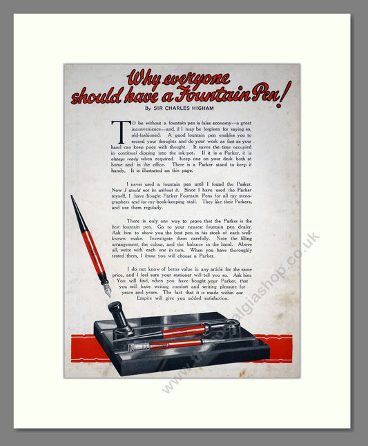 Parker Pens - Why Everyone Should Have A  Fountain Pen. Vintage Advert 1927 (ref AD67785)