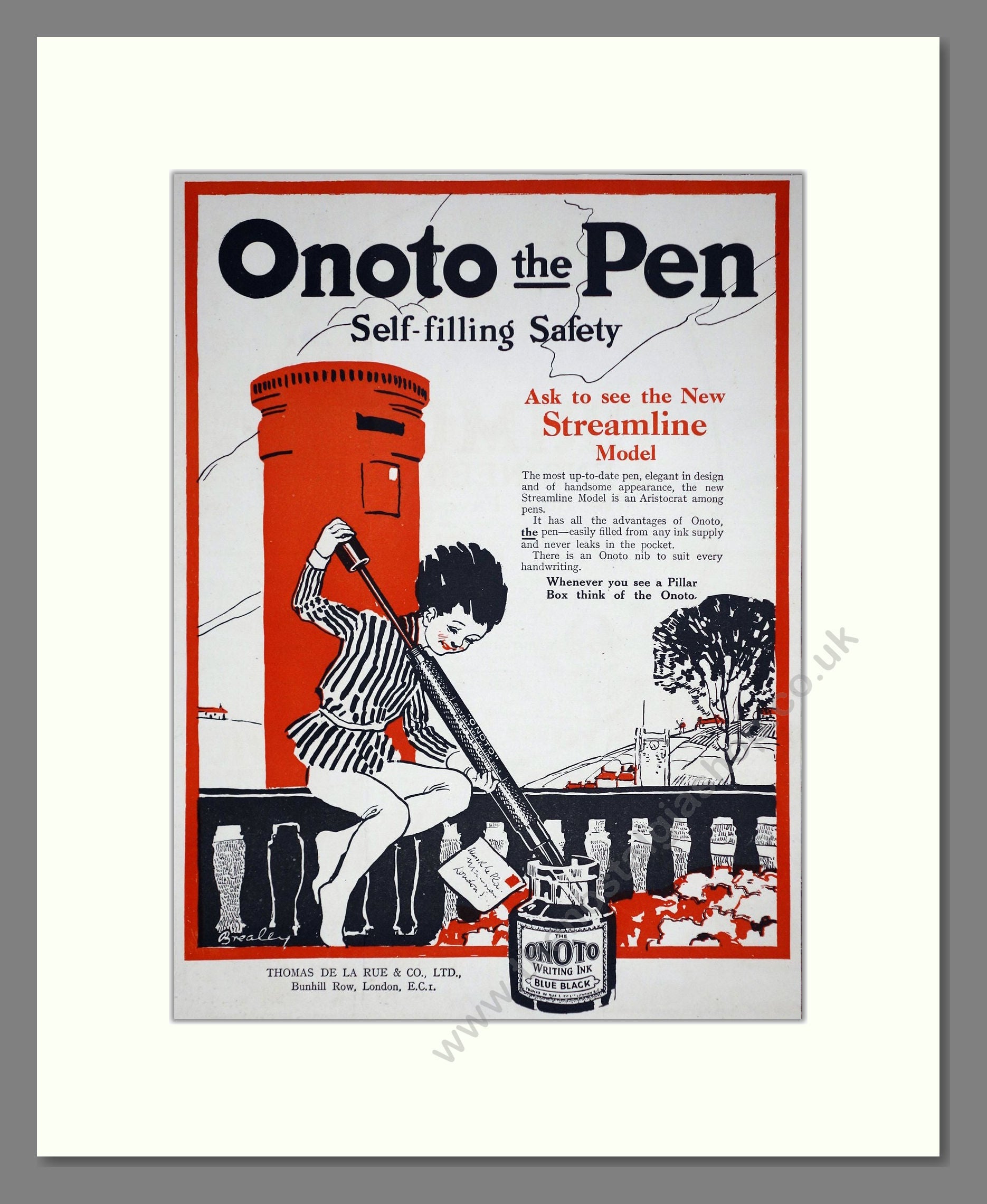 Onoto Pens - Streamline Model. Vintage Advert 1920 (ref AD67787)