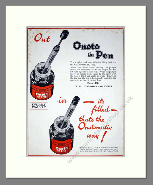 Onoto Pens - Onotomatic Pen And Ink. Vintage Advert 1927 (ref AD67792)