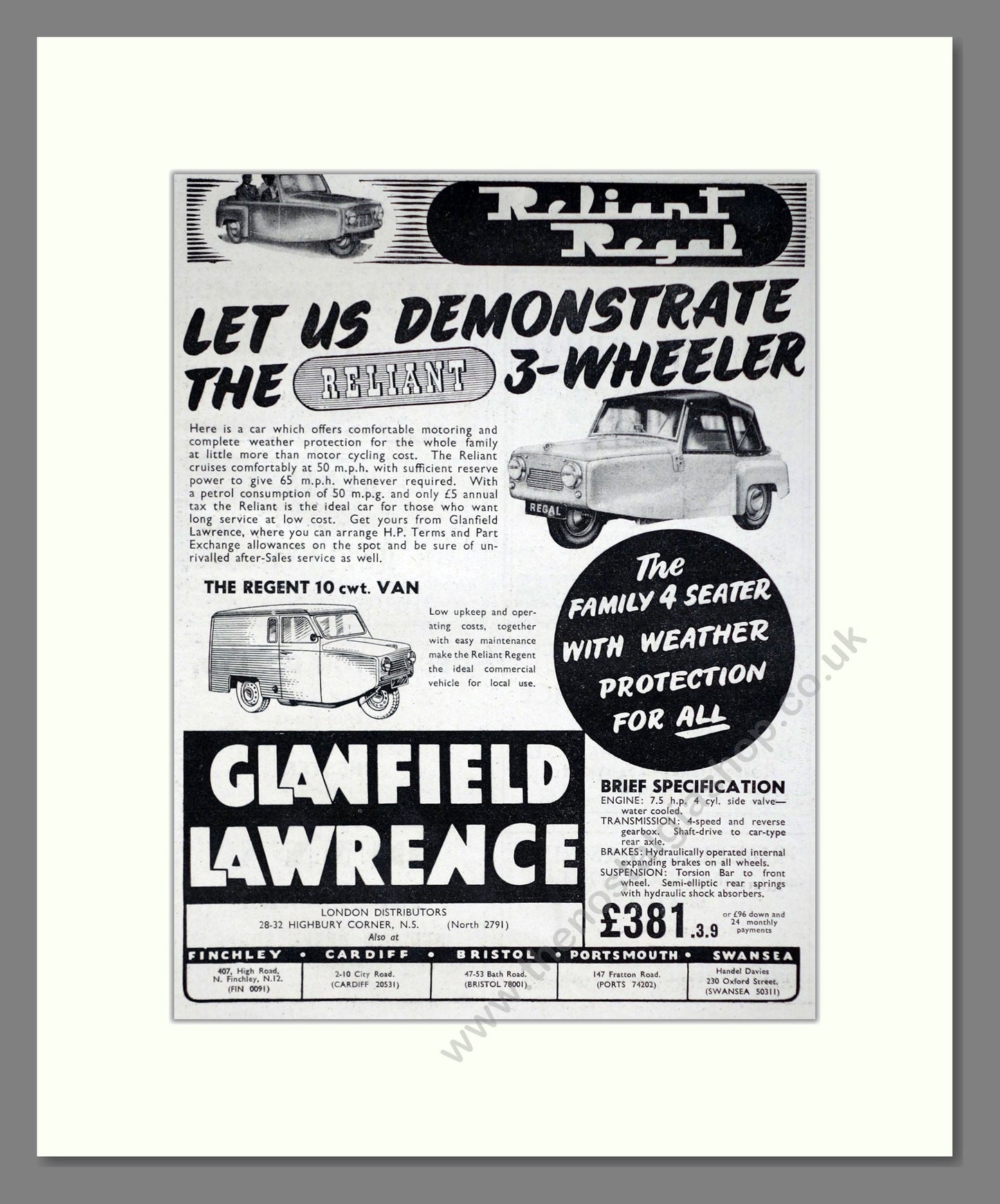 Reliant - Regen Van. Vintage Advert 1954 (ref AD67800)