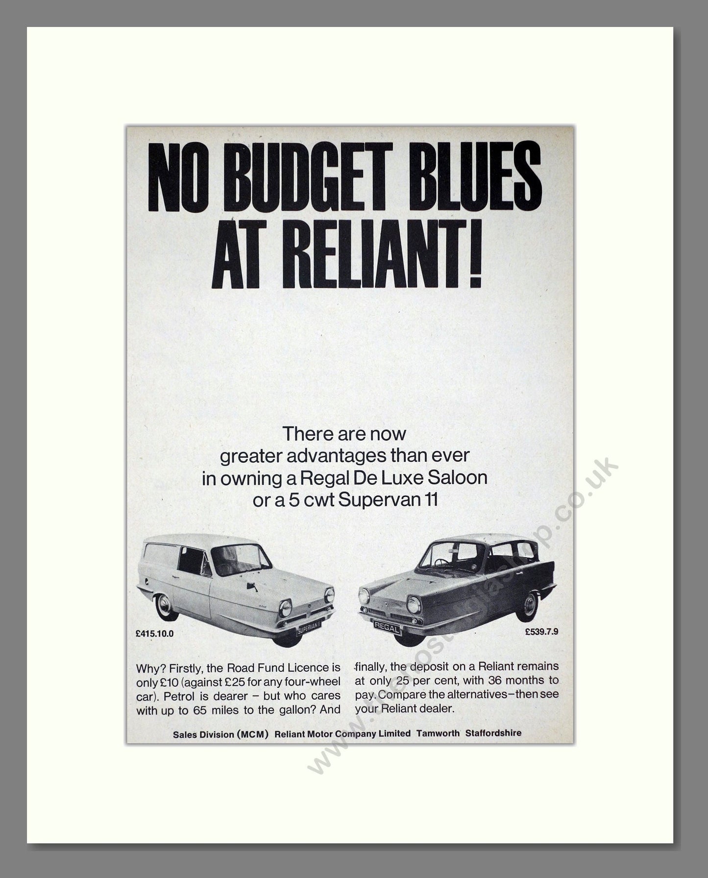 Reliant - Regal / Supervan II. Vintage Advert 1968 (ref AD67815)