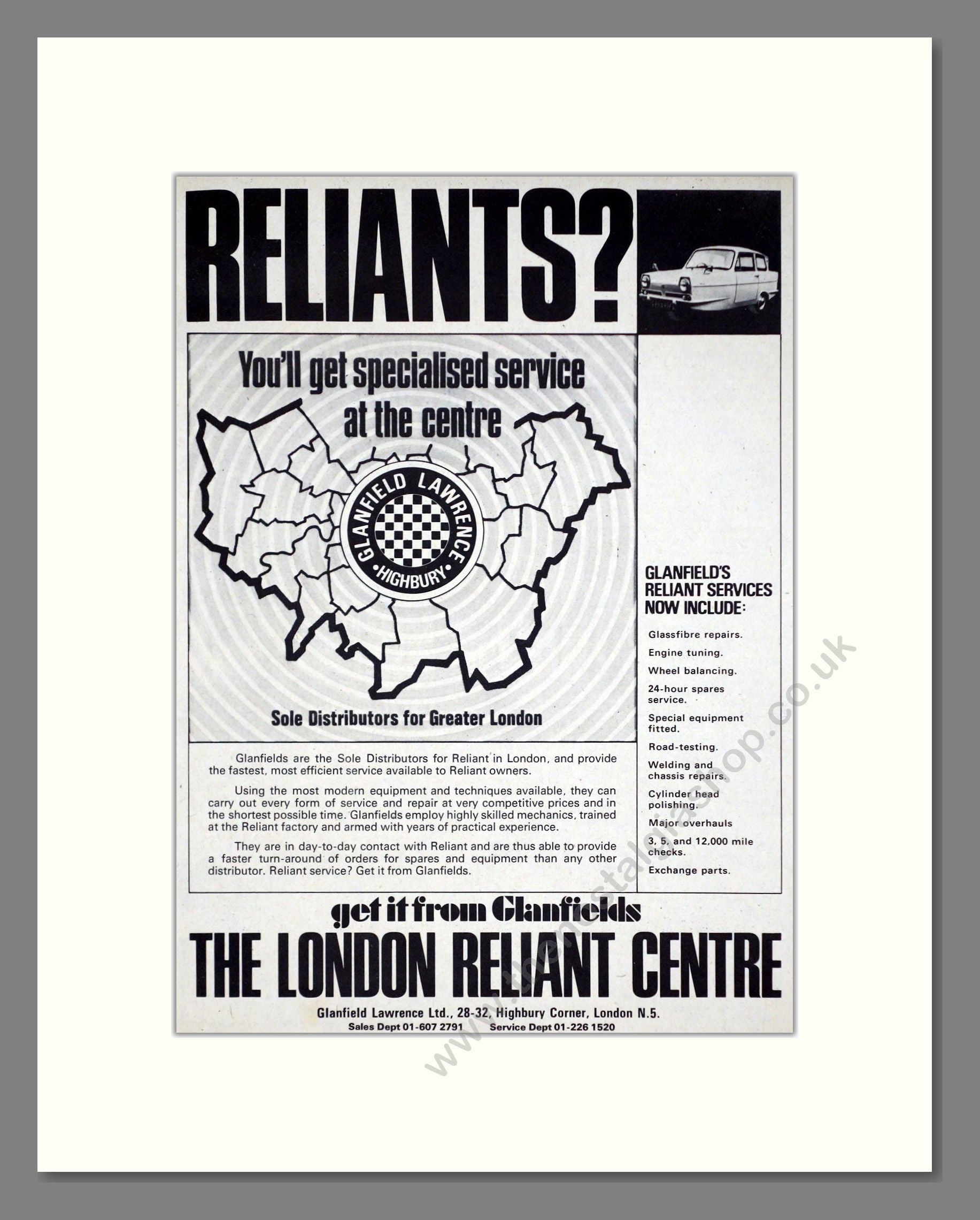 Reliant - Dealers And Service. Vintage Advert 1968 (ref AD67822)