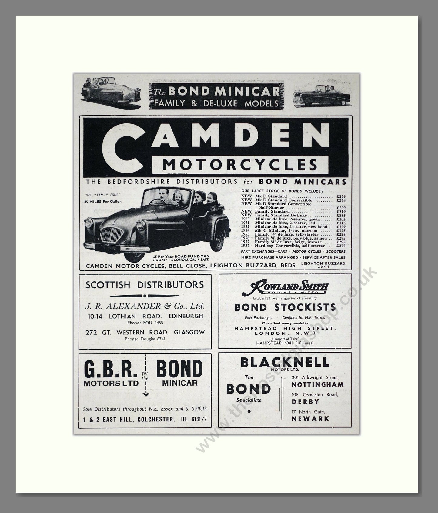 Bond - At Camden Motorcycles. Vintage Advert 1957 (ref AD67829)