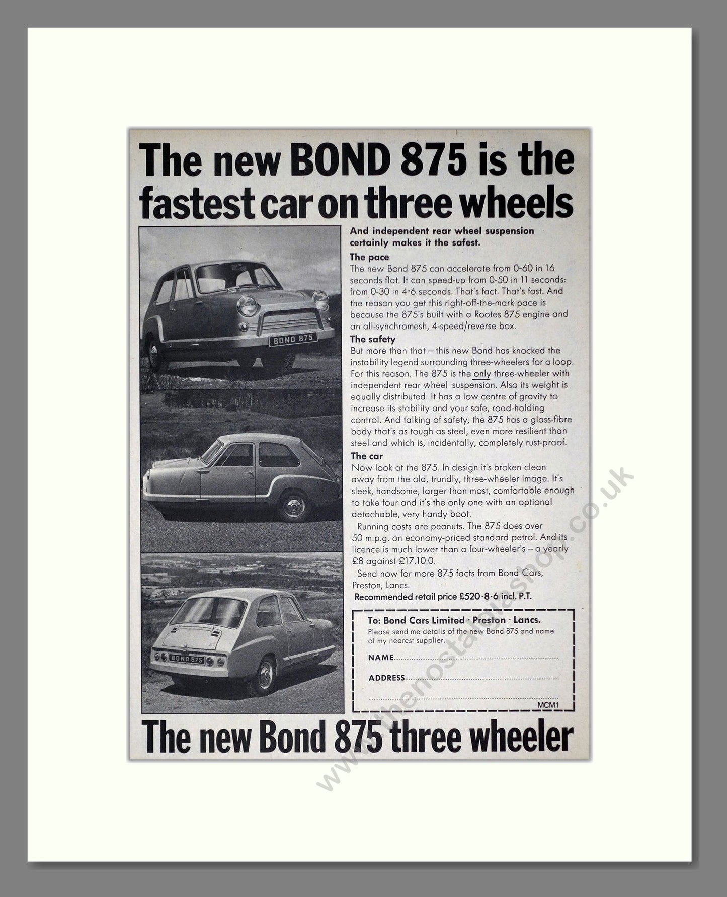 Bond - 875 3 Wheeler. Vintage Advert 1967 (ref AD67831)