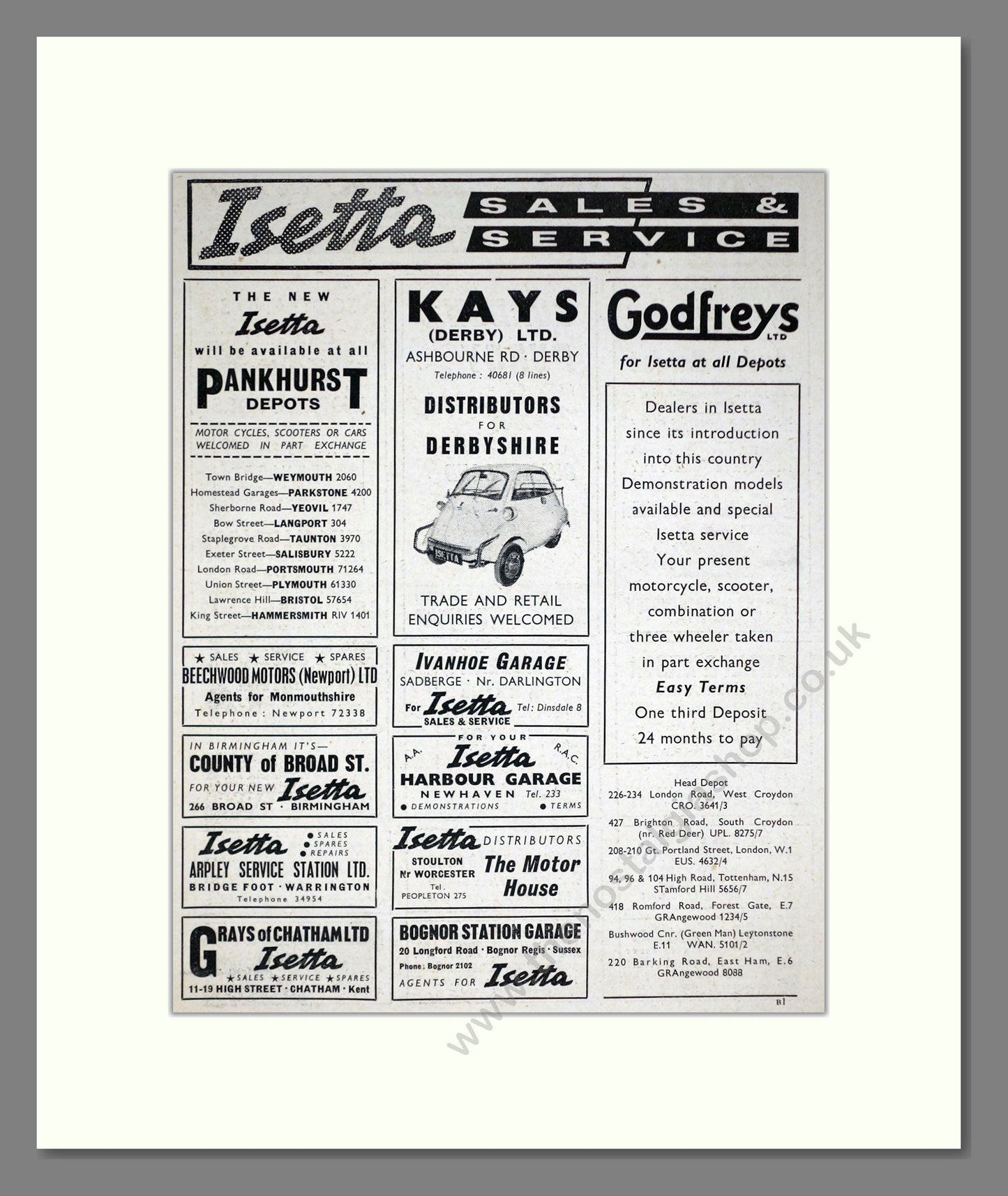 BMW - Isetta Sales And Service. Vintage Advert 1958 (ref AD67836)