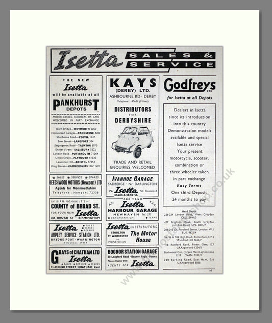 BMW - Isetta Sales And Service. Vintage Advert 1958 (ref AD67836)