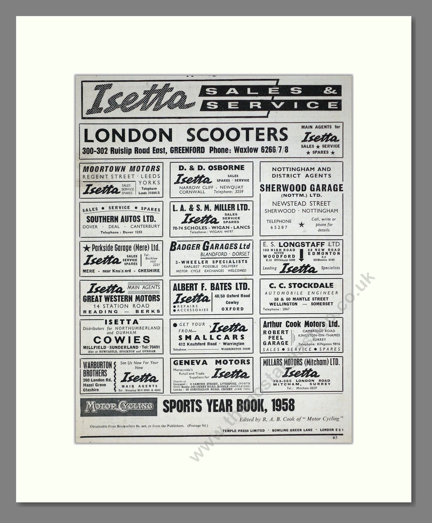 BMW - Isetta Sales And Service. Vintage Advert 1958 (ref AD67837)