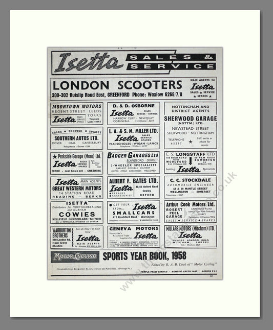 BMW - Isetta Sales And Service. Vintage Advert 1958 (ref AD67837)