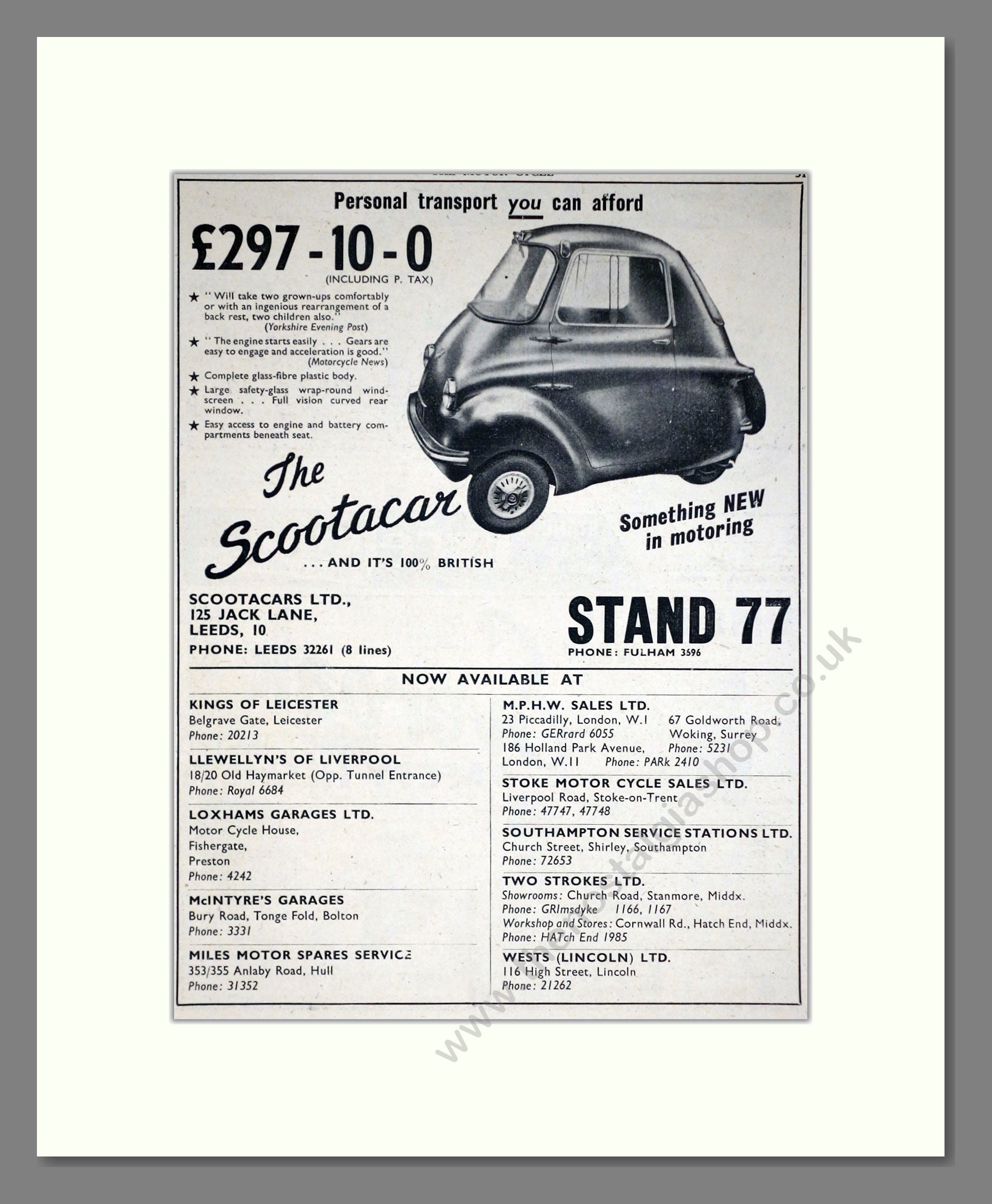 Scootacar - 3 Wheel Car. Vintage Advert 1958 (ref AD67839)