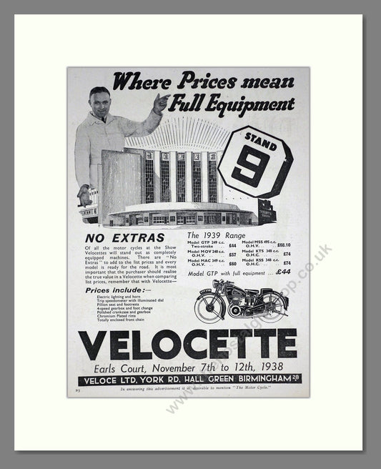 Velocette - Earls Court Stand. Vintage Advert 1938 (ref AD67854)