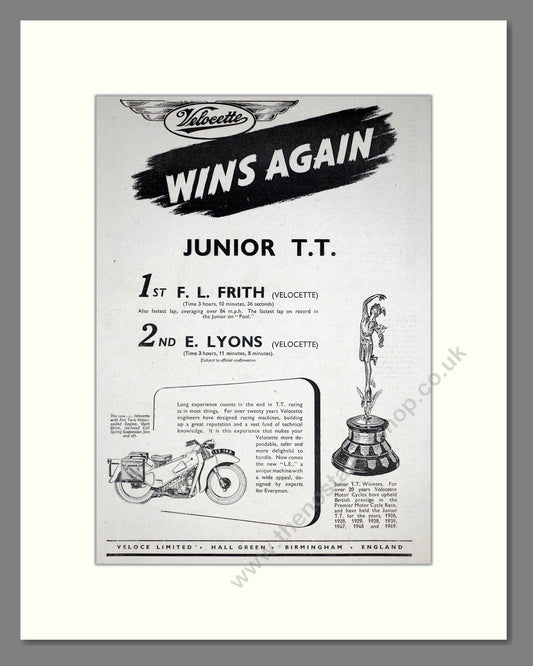 Velocette - Junior TT Winner. Vintage Advert 1949 (ref AD67855)