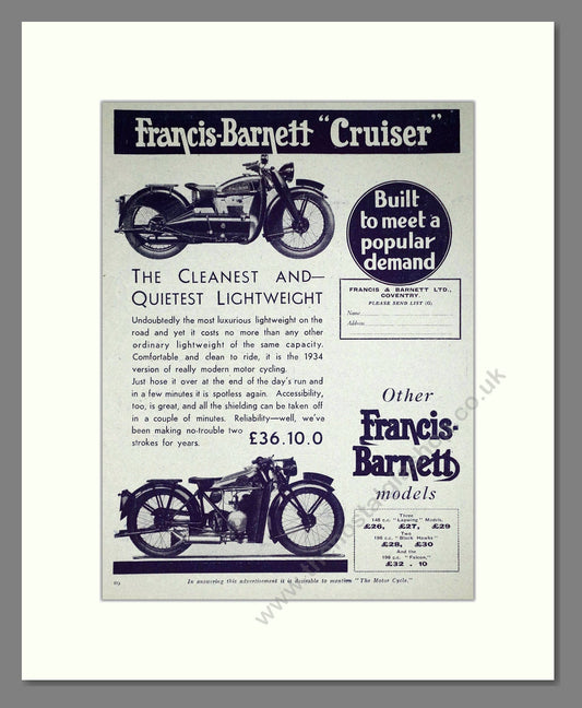 Francis Barnett - Cruiser. Vintage Advert 1934 (ref AD67867)