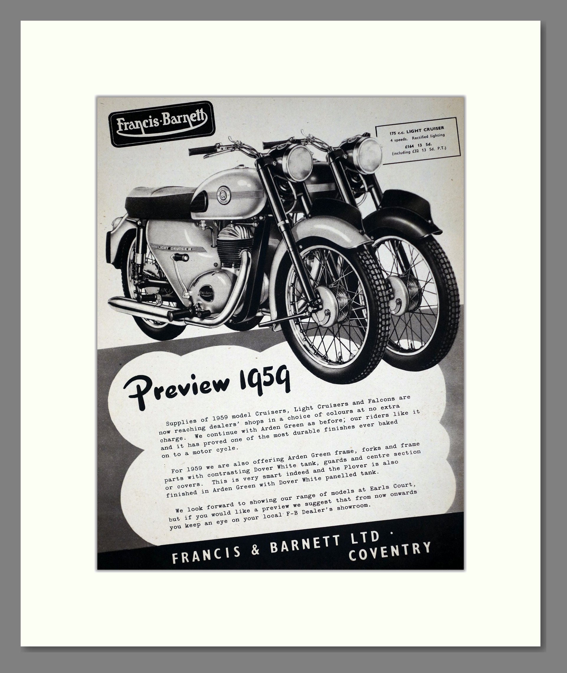 Francis Barnett - Light Cruiser. Vintage Advert 1958 (ref AD67868)