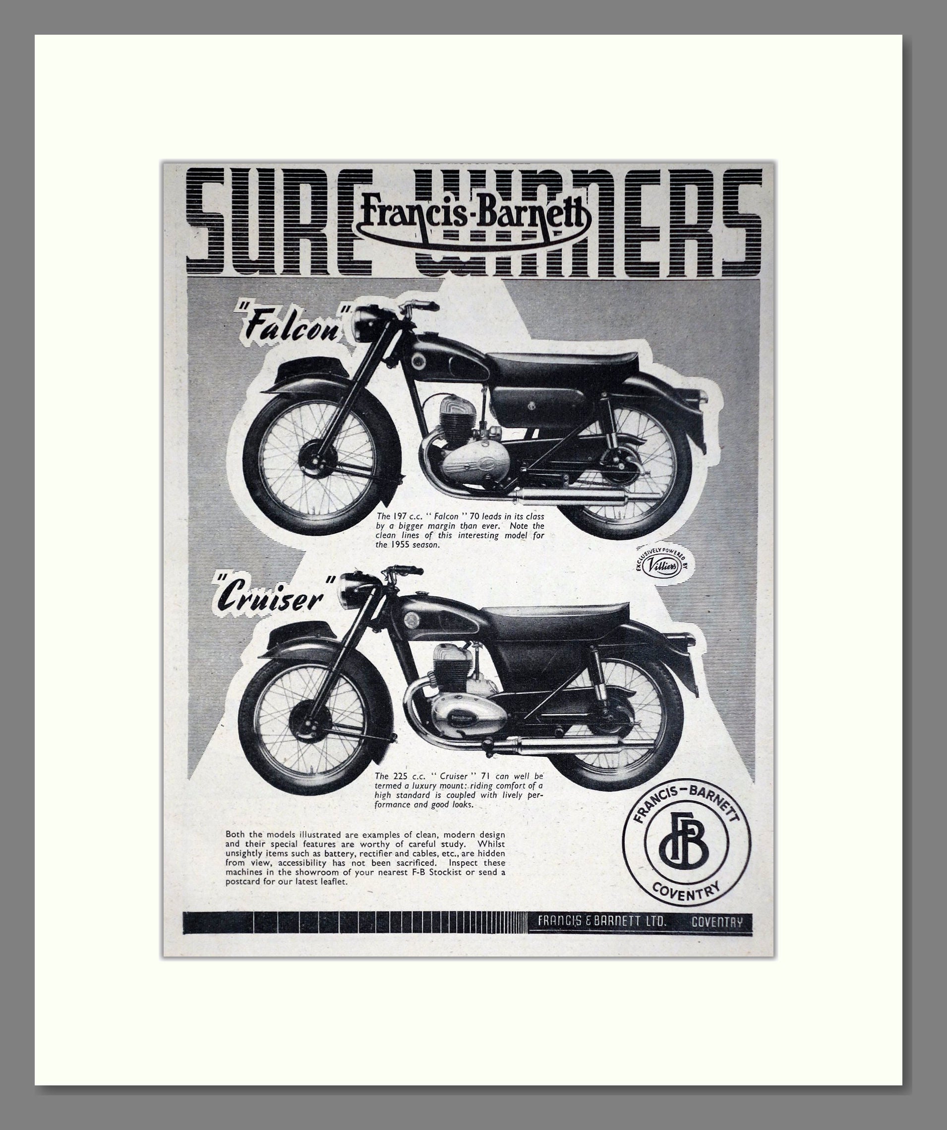 Francis Barnett - Falcon / Cruiser. Vintage Advert 1954 (ref AD67871)