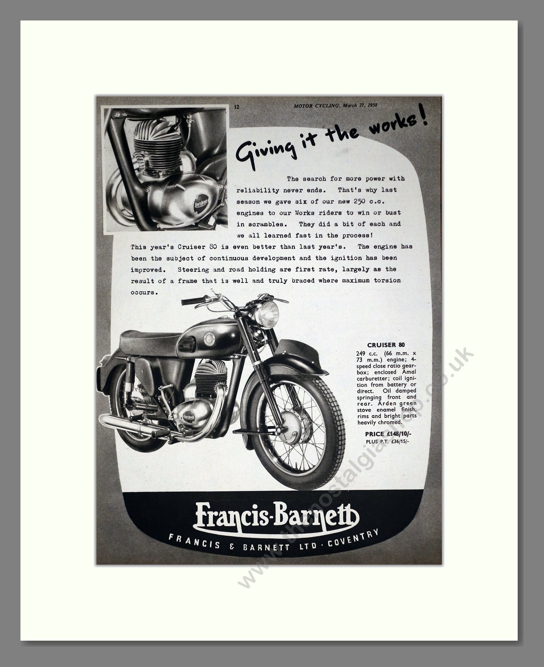 Francis Barnett - Cruiser 80. Vintage Advert 1958 (ref AD67874)