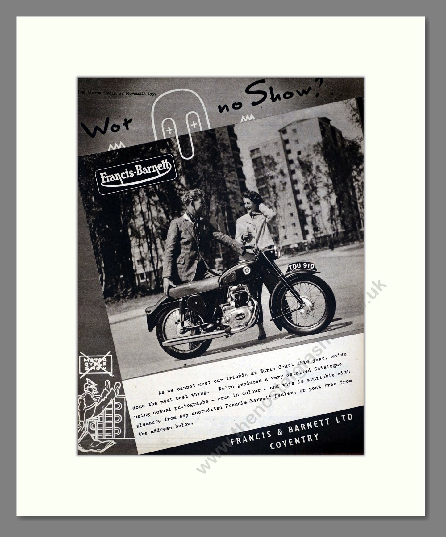 Francis Barnett - Earls Court No Show. Vintage Advert 1957 (ref AD67878)