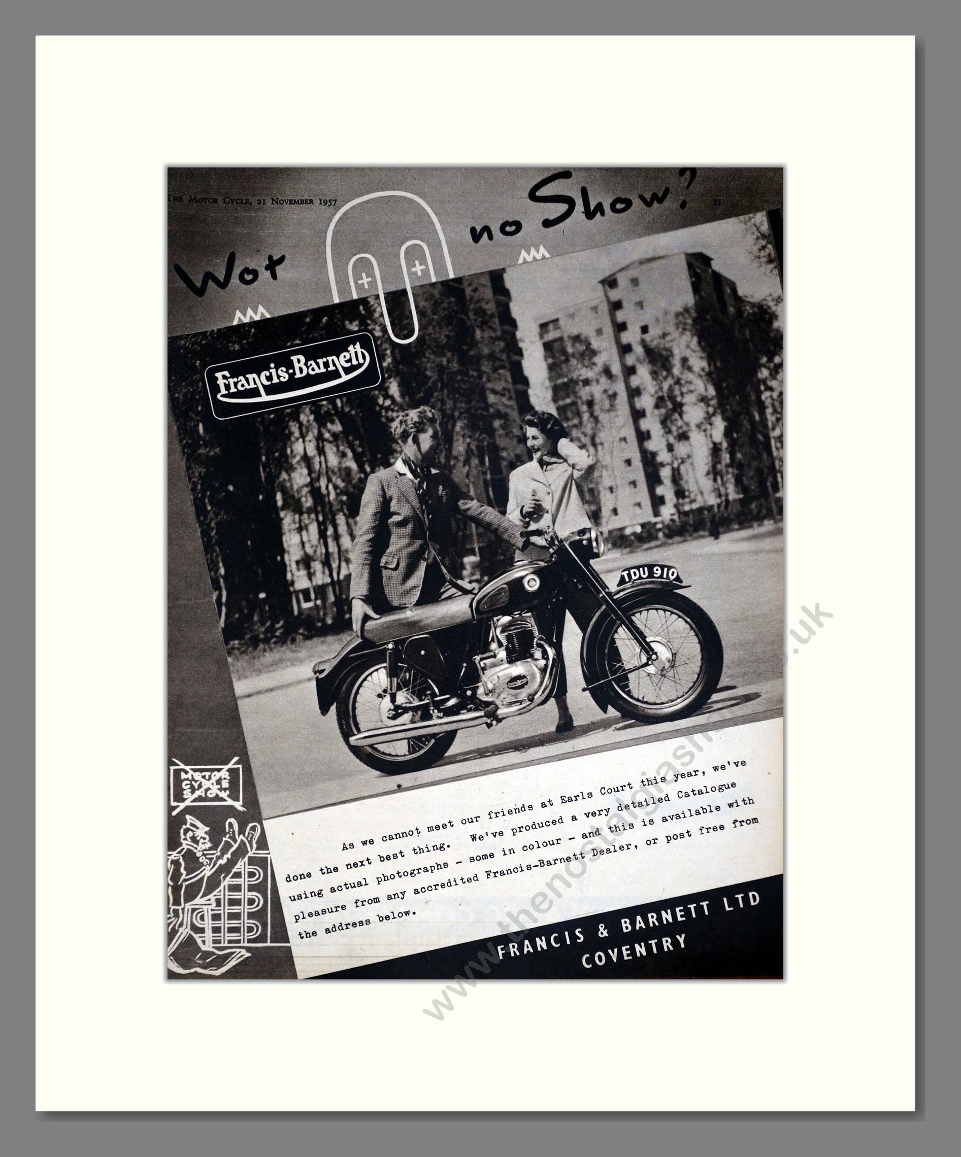 Francis Barnett - Earls Court No Show. Vintage Advert 1957 (ref AD67878)