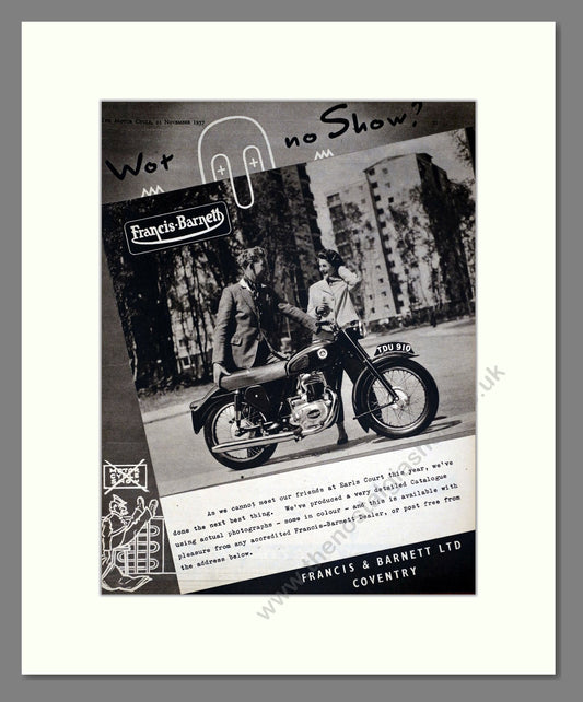 Francis Barnett - Earls Court No Show. Vintage Advert 1957 (ref AD67878)