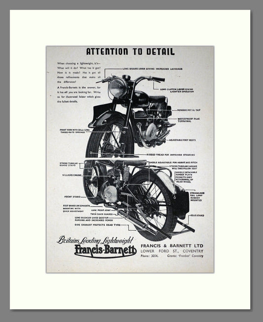 Francis Barnett - Attention To Detail. Vintage Advert 1950 (ref AD67884)