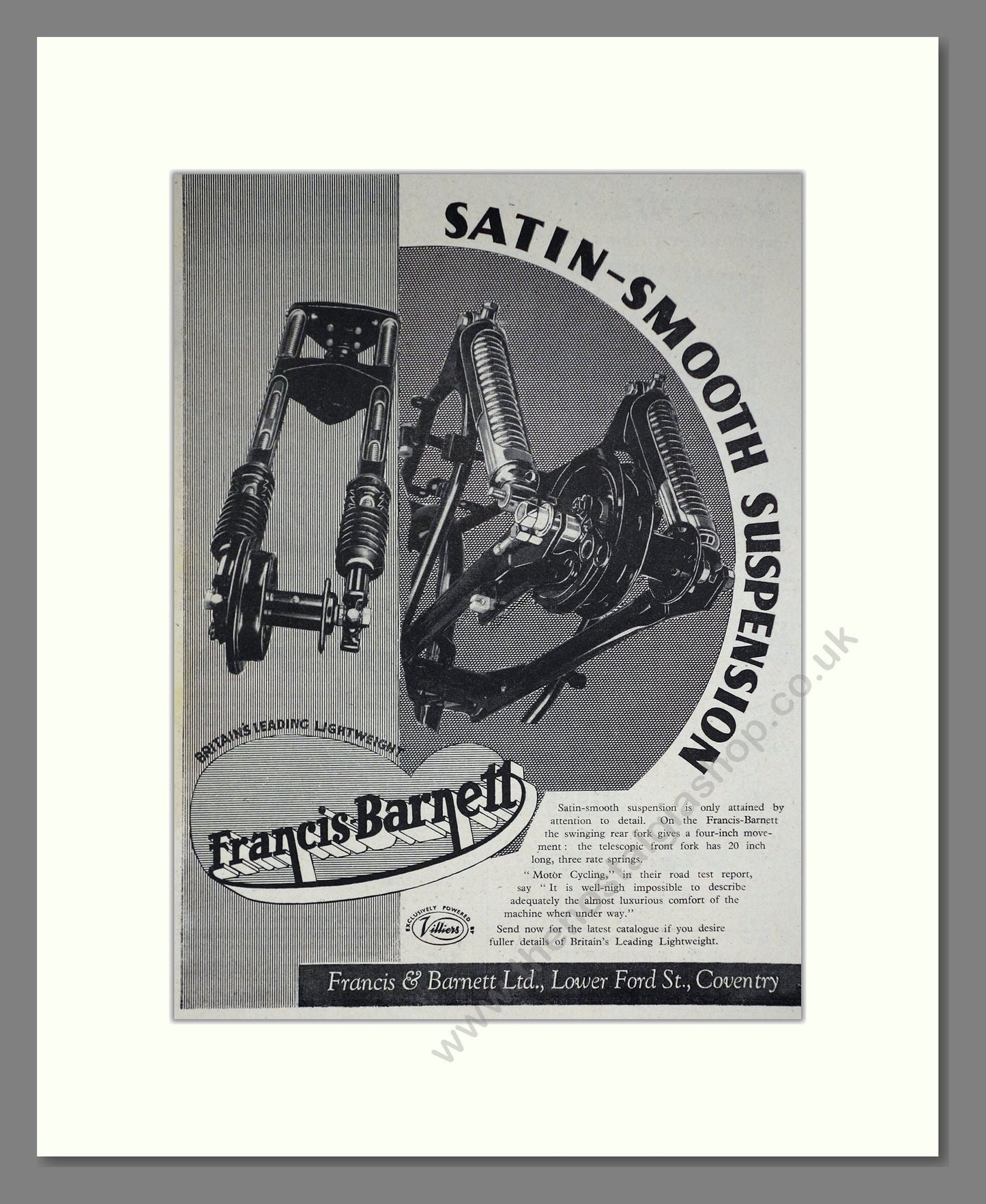 Francis Barnett - Suspension. Vintage Advert 1953 (ref AD67886)