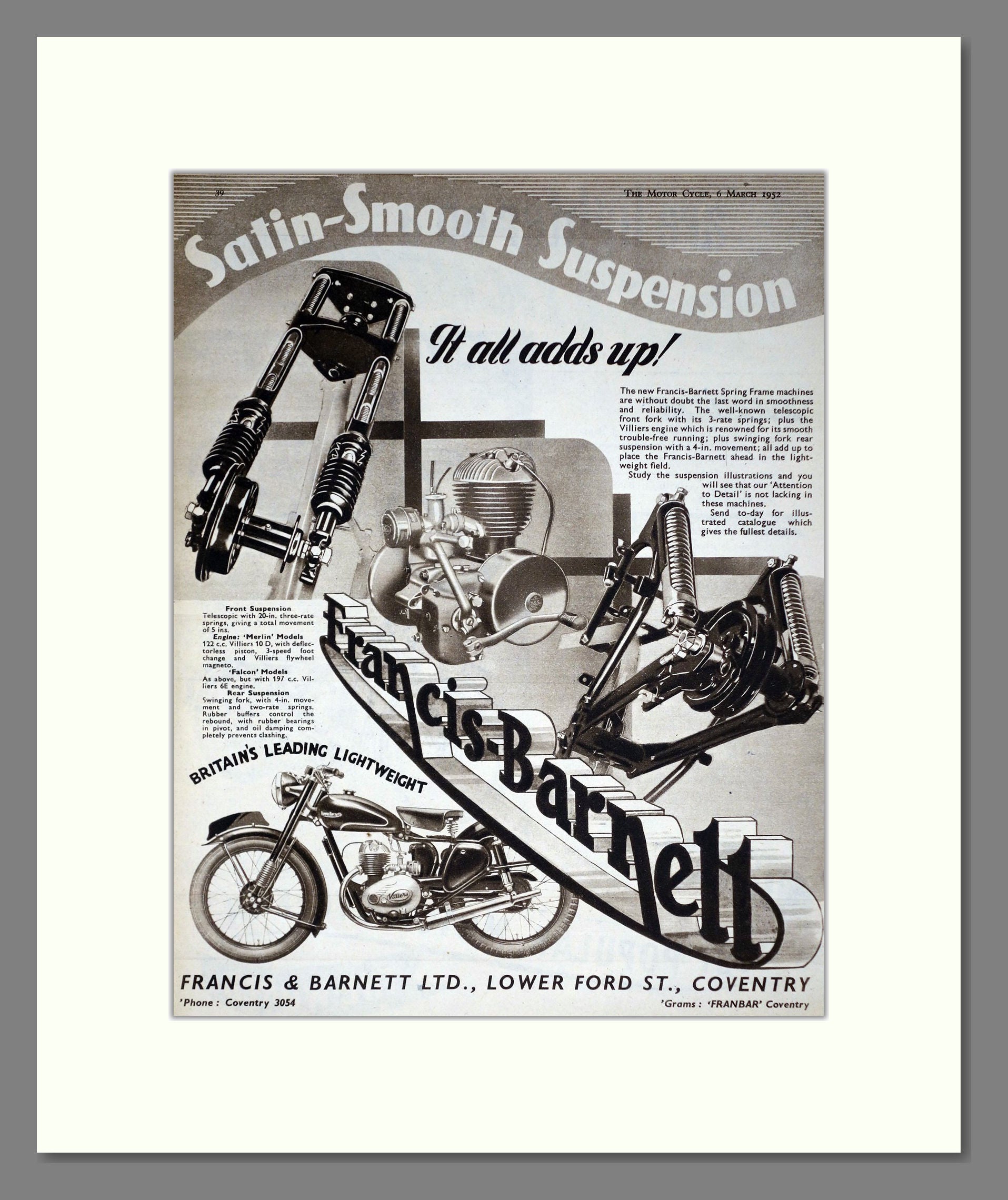 Francis Barnett - Suspension. Vintage Advert 1952 (ref AD67887)