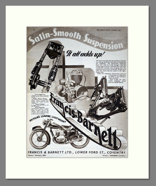 Francis Barnett - Suspension. Vintage Advert 1952 (ref AD67887)