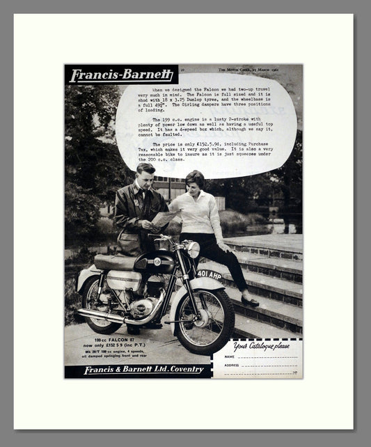 Francis Barnett - Falcon 87. Vintage Advert 1961 (ref AD67893)