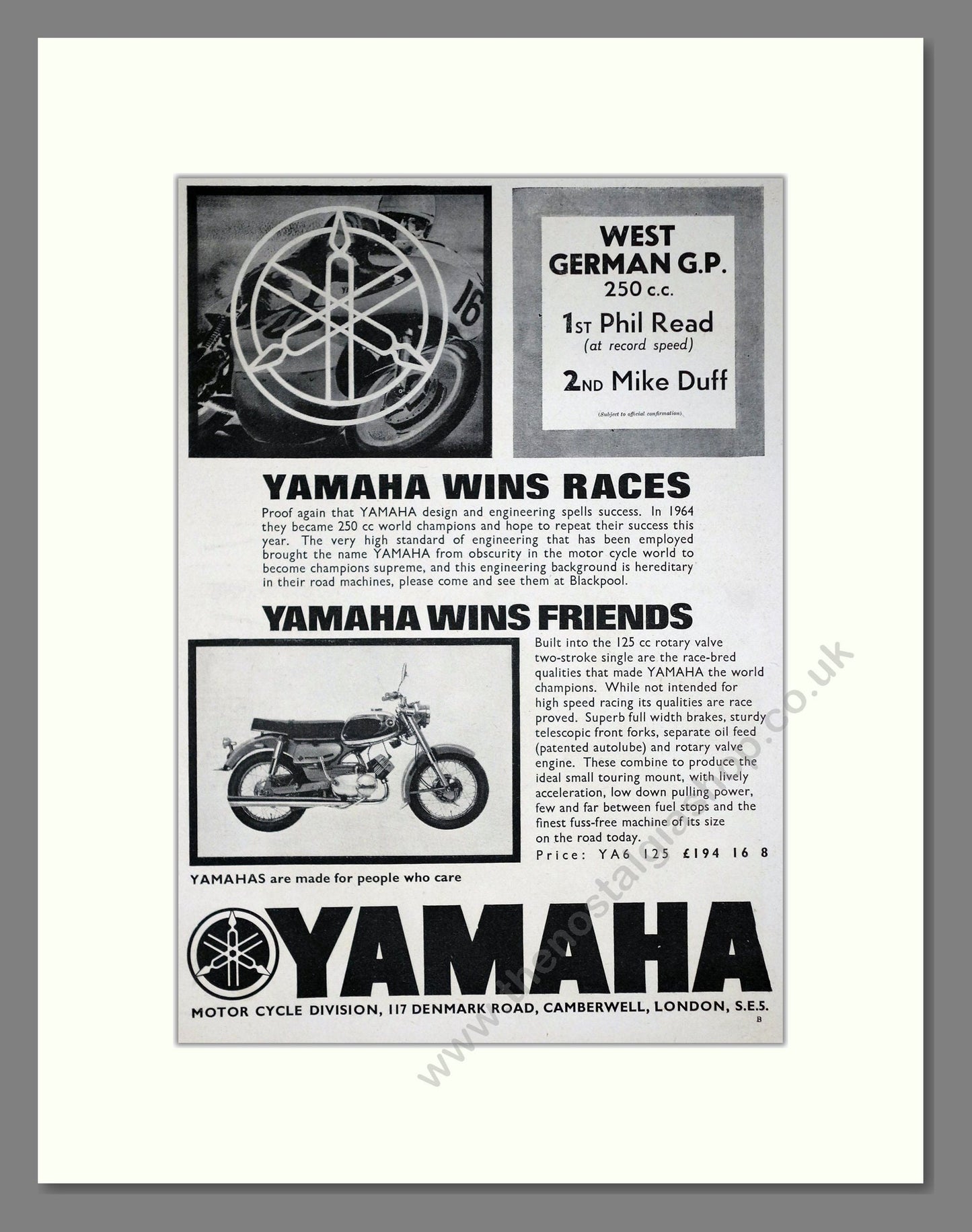 Yamaha - West German GP Winner Phil Read. Vintage Advert 1965 (ref AD67899)