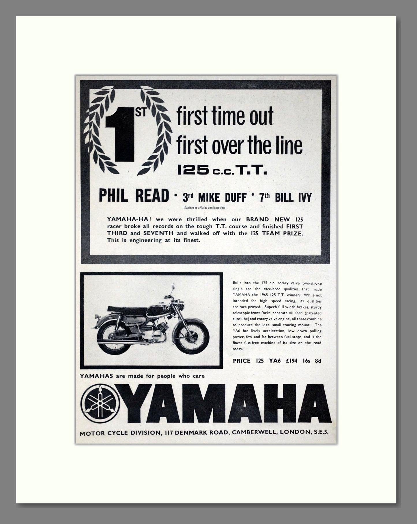 Yamaha - 125cc TT Winner Phil Read. Vintage Advert 1965 (ref AD67900)