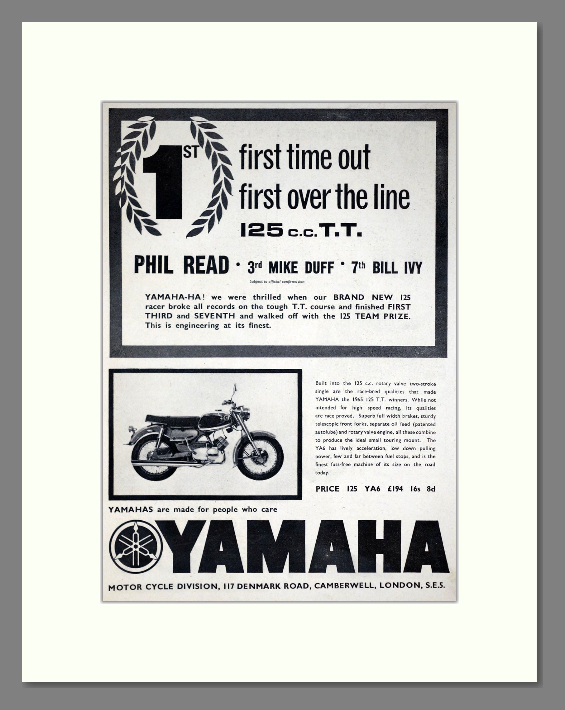 Yamaha - 125cc TT Winner Phil Read. Vintage Advert 1965 (ref AD67900)