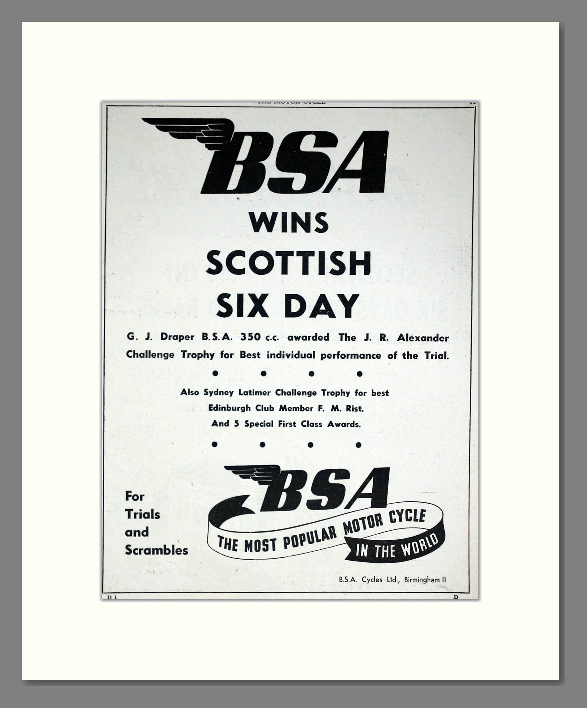 BSA - Scottish Six Day Trial Winner. Vintage Advert 1951 (ref AD67905)
