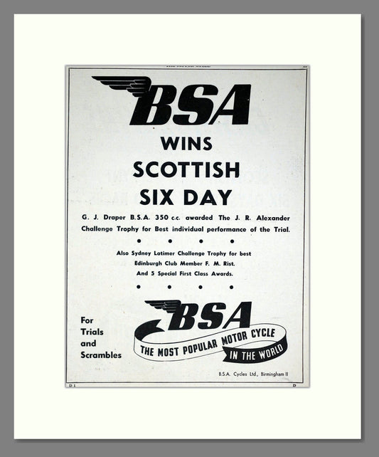 BSA - Scottish Six Day Trial Winner. Vintage Advert 1951 (ref AD67905)