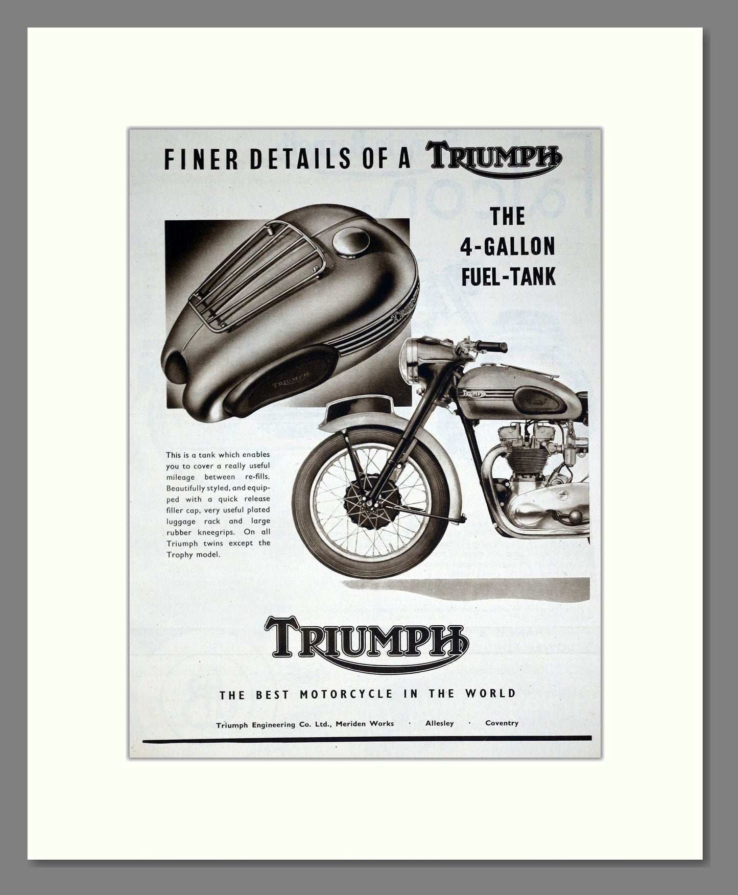 Triumph - 4 Gallon Fuel Tank. Vintage Advert 1955 (ref AD67906)