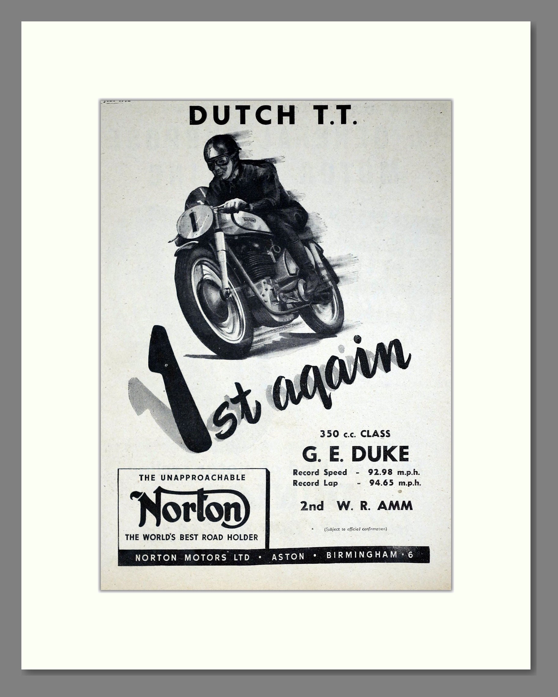 Norton - Dutch TT Winner. Vintage Advert 1952 (ref AD67914)