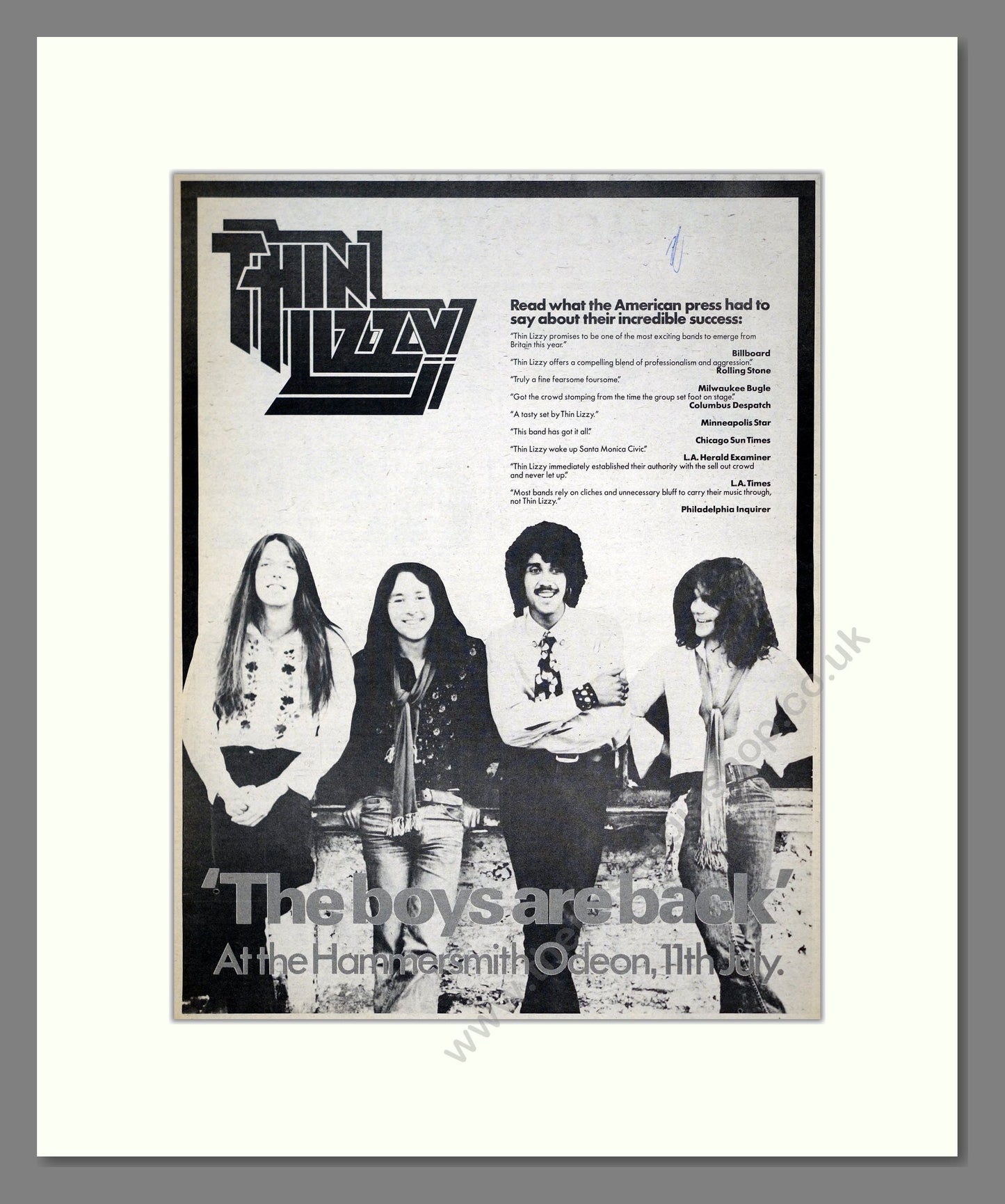 Thin Lizzy - The Boys Are Back. Vintage Advert 1976 (ref AD21235)