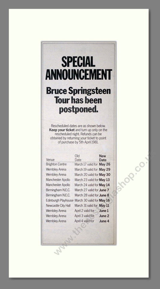 Bruce Springsteen - UK Tour Postponed. Vintage Advert 1981 (ref AD21239)