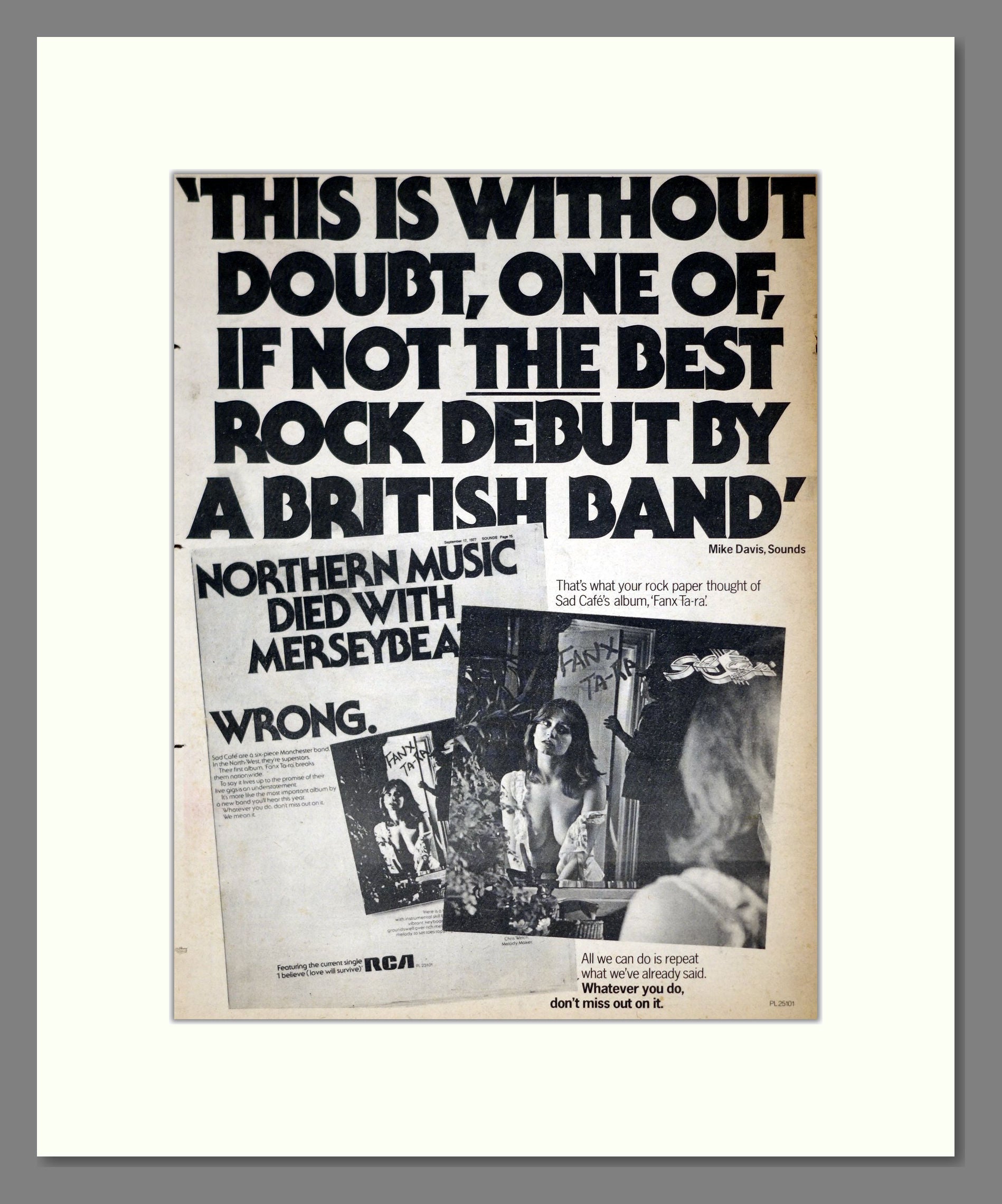 Sad Café - Fanx Ta Ra. Vintage Advert 1977 (ref AD21270)