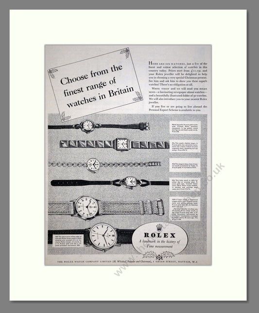 Rolex - Range of Watches. Vintage Advert 1955 (ref AD67940)