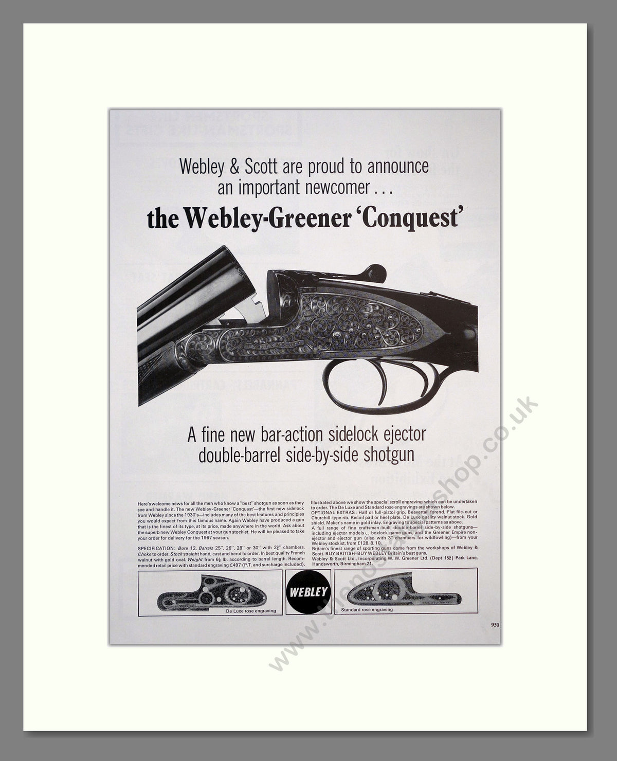 Webley-Greener Conquest Shotgun. Original Advert 1966 (ref AD304036)