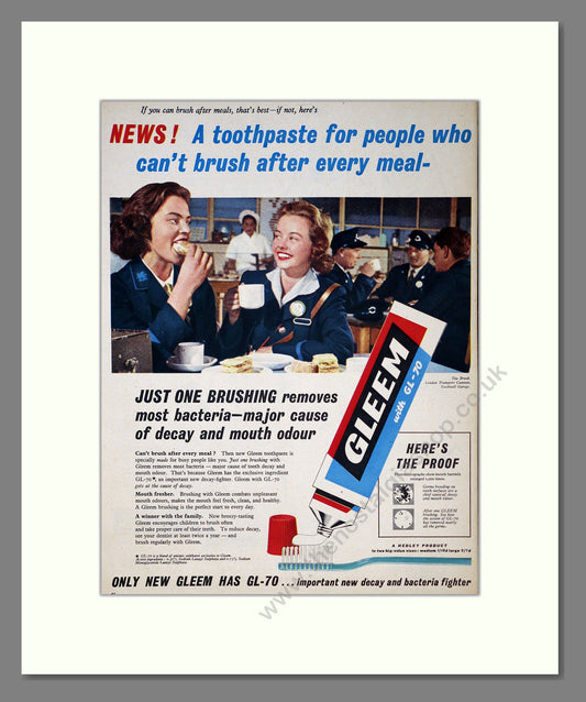 Gleem Toothpaste with GL-70. Original Advert 1956 (ref AD303904)