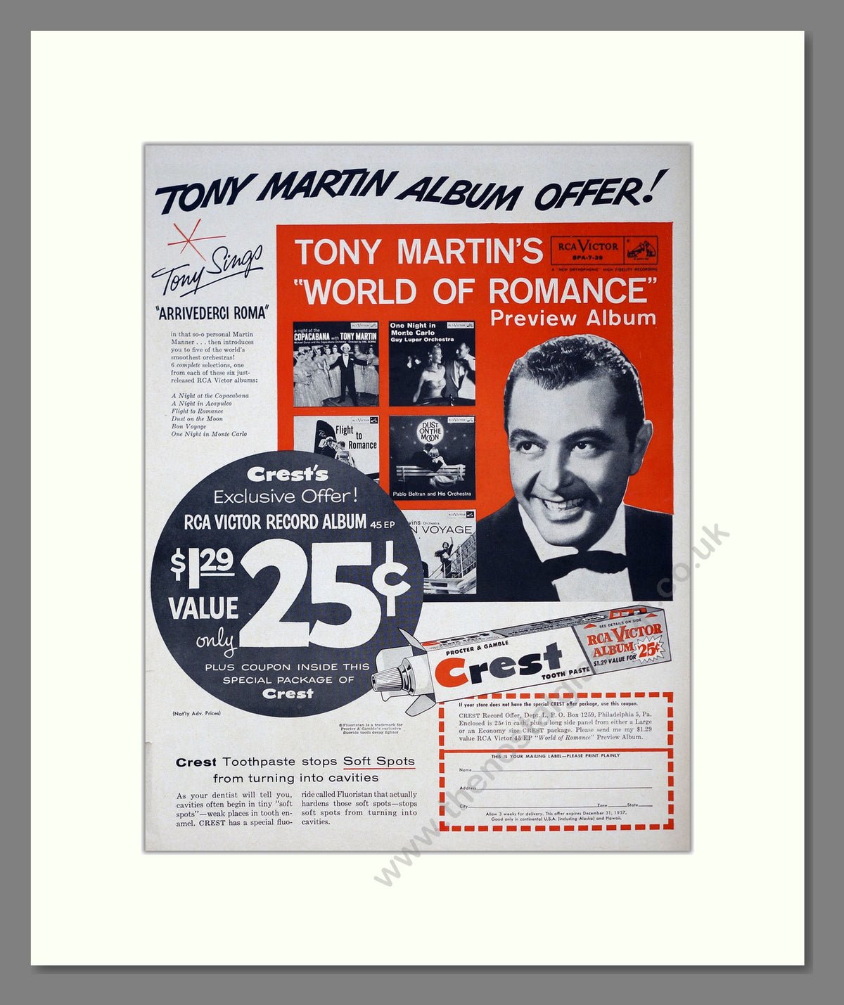 Crest Toothpaste. Tony Martin Offer! Original Advert 1957 (ref AD303942)