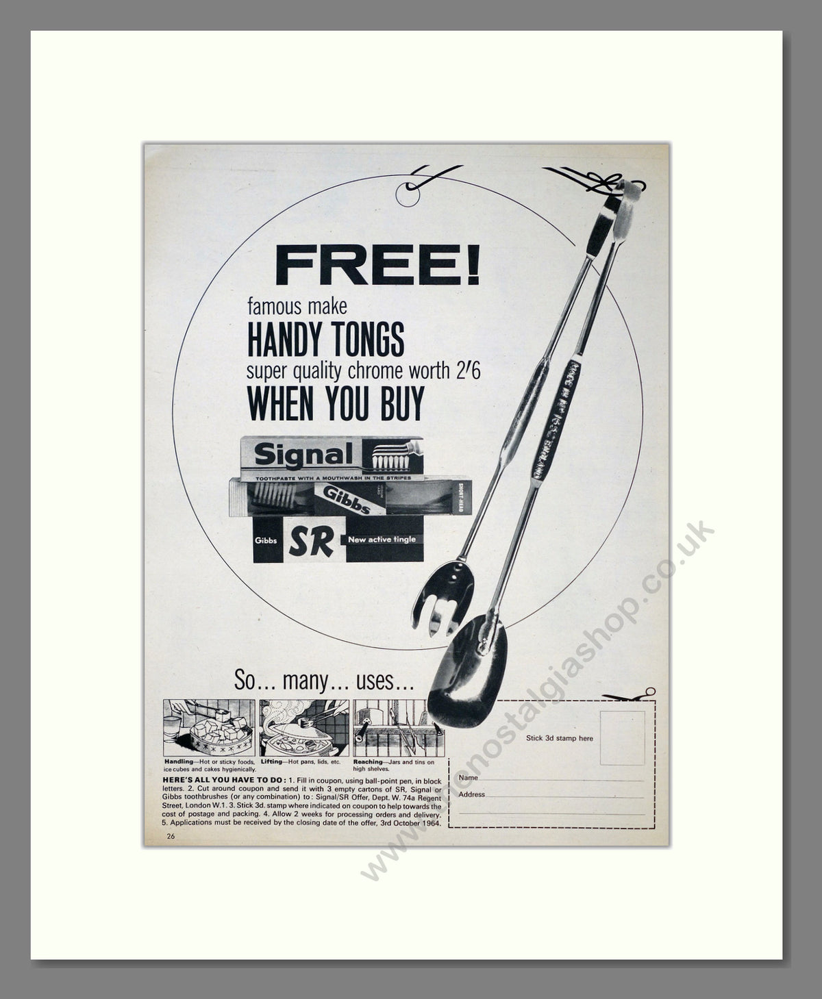 Free! Handy Tongs with Signal, Gibbs, SR. Original Advert 1964 (ref AD303960)