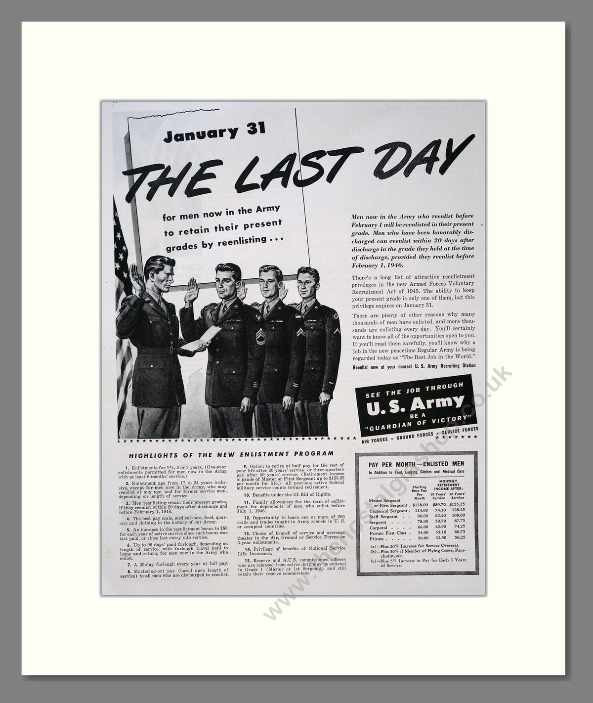U.S. Army Enlist. Original Advert 1945 (ref AD303914)