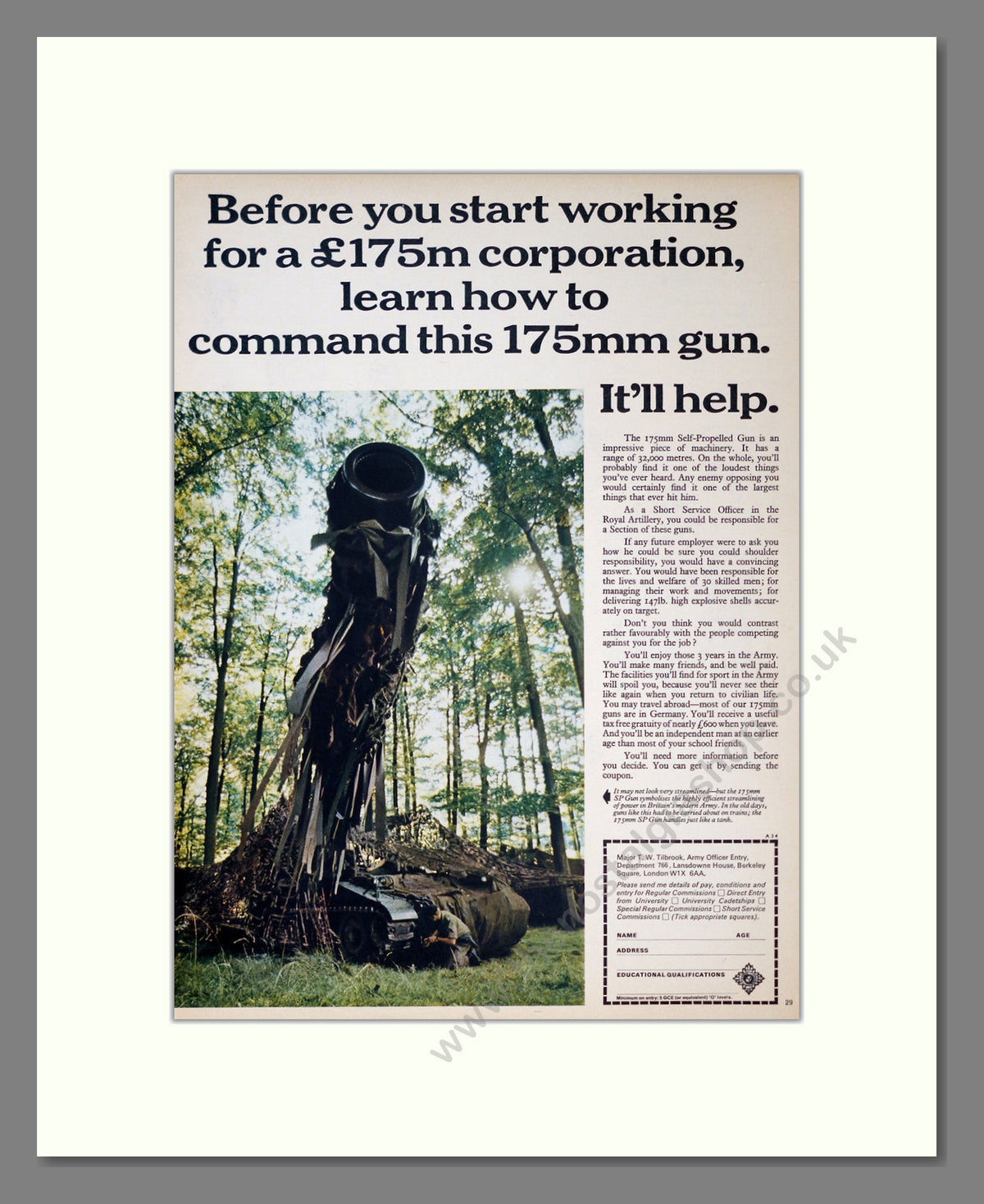 British Army, 175mm gun. Original Advert 1969 (ref AD303923)
