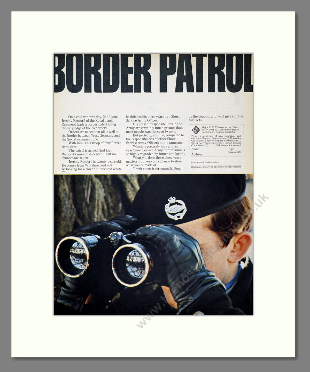 British Army, Border Patrol Royal Tank Regiment. Original Advert 1969 (ref AD303924)