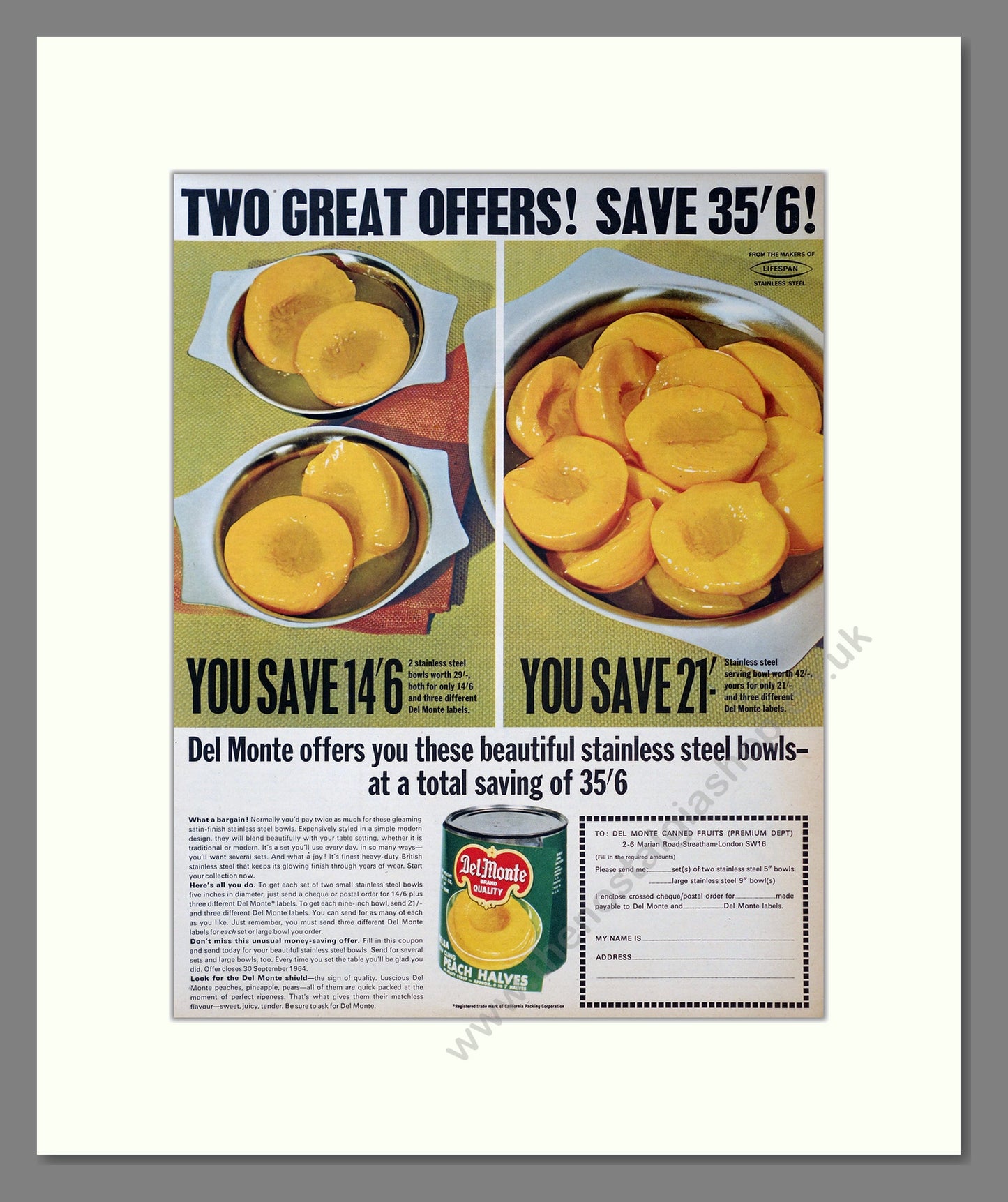 Del-Monte Peach Halves. Original Advert 1964 (ref AD304054)