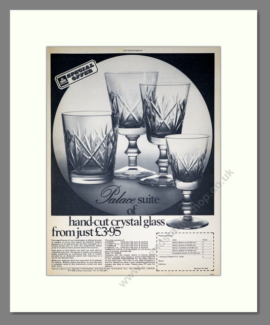 Palace Suite of Hand Cut Crystal Glasses. Original Advert 1972 (ref AD304073)