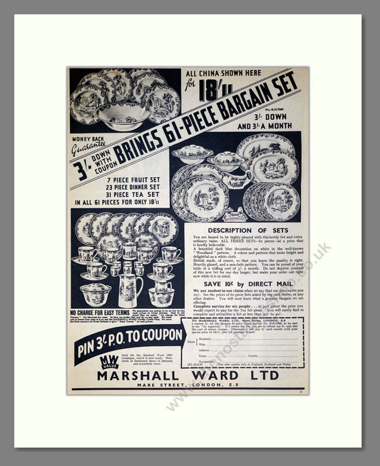 Marshall Ward China Dinner Sets. Original Advert 1937 (ref AD304134)