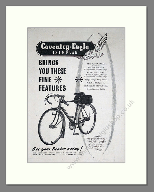 Coventry Eagle Exemplar Bicycle. Original Advert 1952 (ref AD68851)