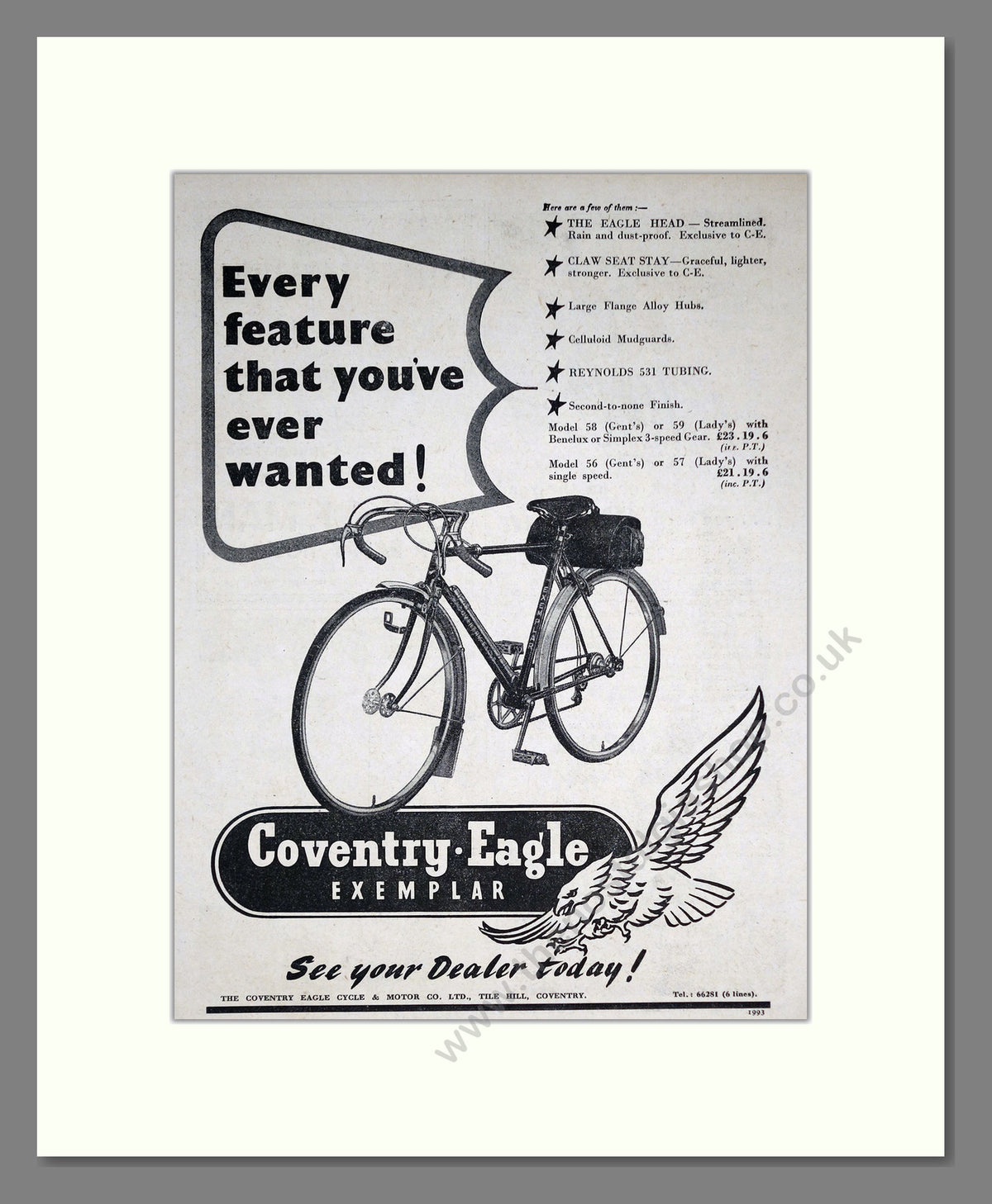 Coventry Eagle Exemplar Bicycle. Original Advert 1952 (ref AD68854)